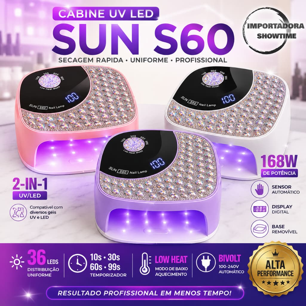 Cabine UV LED SUN S60 168W 36 LEDs Profissional para Unhas em Gel Bivolt Display Digital