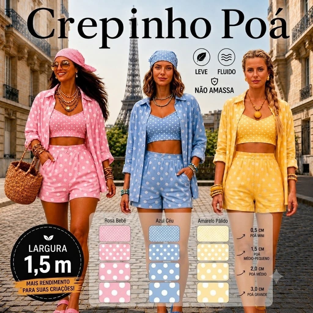 CREPINHO POÁ - POA 2 E POA 7-PARA CONFECÇÃO DE VESTIDOS, SAIAS, BLUSAS, ETC