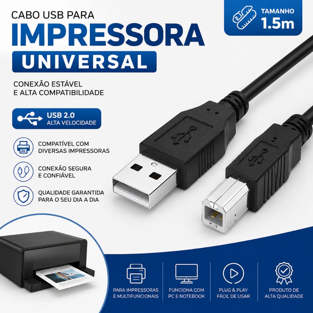 Cabo USB para Impressora Universal 1,5m USB 2.0 Compatível HP Epson Canon Brother
