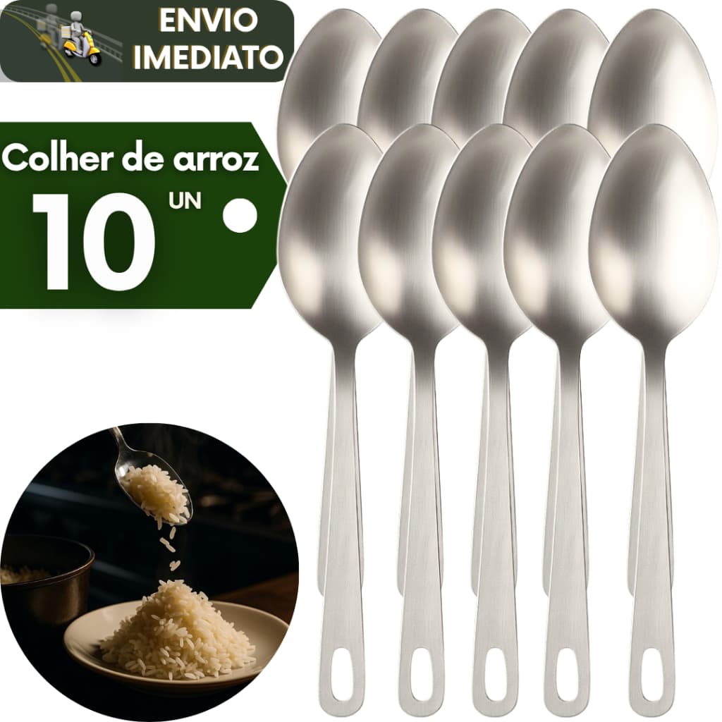 Kit 10 Colher de Arroz Inox Cabo Longo Servir Profissional Multiuso Cozinha Buffet Restaurante