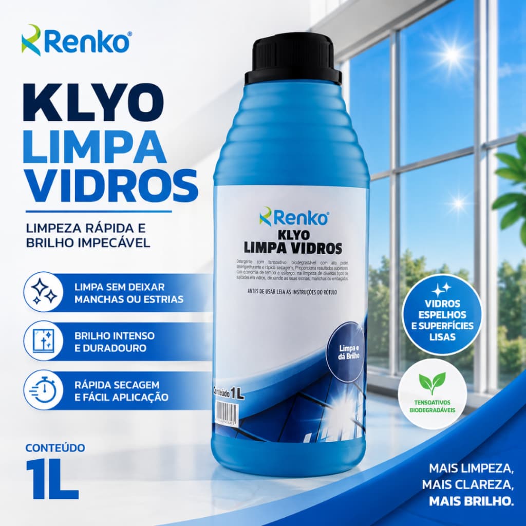 Limpa Vidros Klyo 1 Litro Limpador de Vidros Espelhos Box de Banheiro Janelas Vitrines Profissional