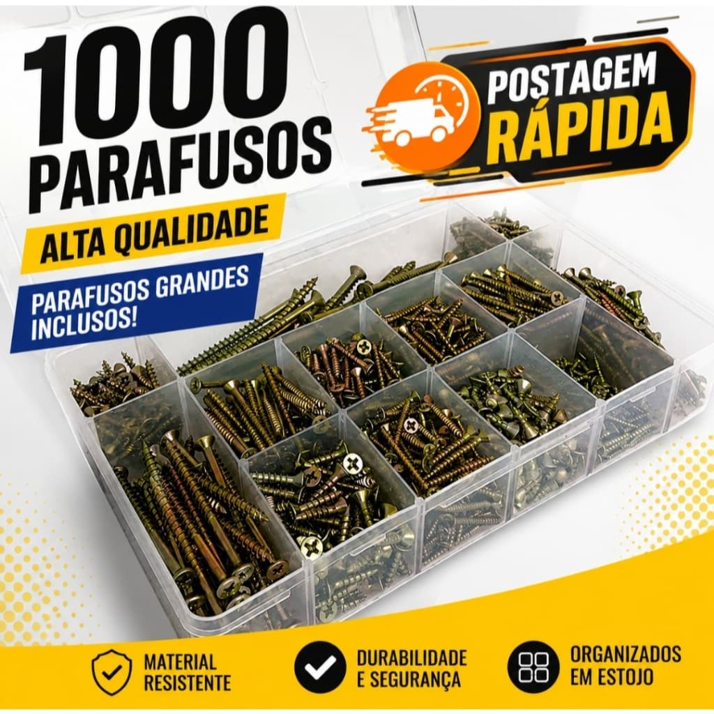 Kit Parafusos 1000 unidades cabeça chata phs com organizador de qualidade
