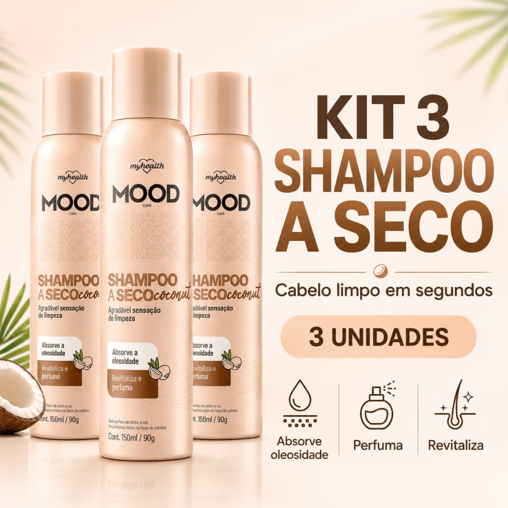 Kit 3 Shampoo a Seco Coconut MOOD 150ml Absorve Oleosidade Perfuma Revitaliza Cabelo Leve Perfumado