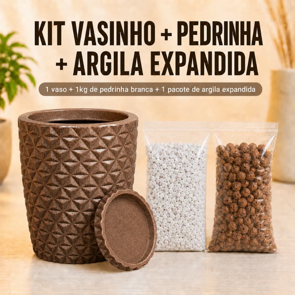 Kit Vaso Decorativo Para Plantas Com Pedrinhas e Argila Expandida