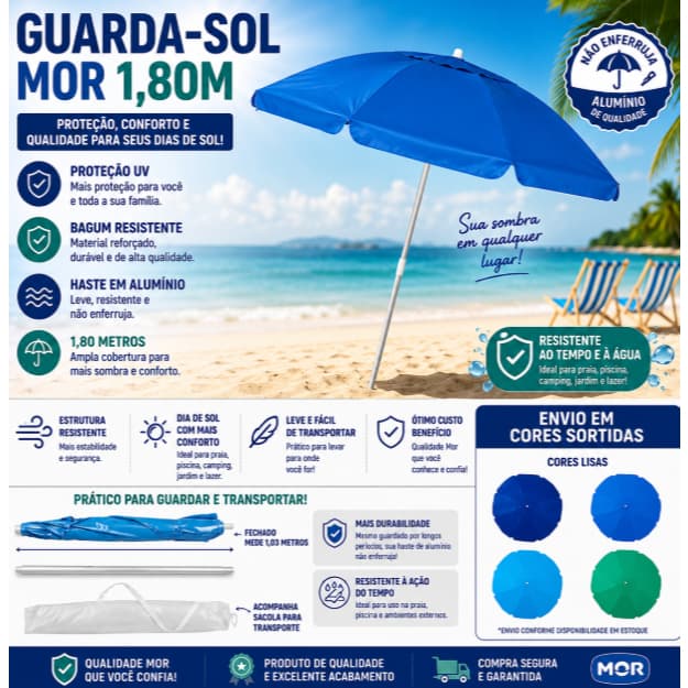 Guarda-Sol Mor Bagum 1,80m em Alumínio Proteção UV Praia Camping Piscina Cores Lisas Sortidas