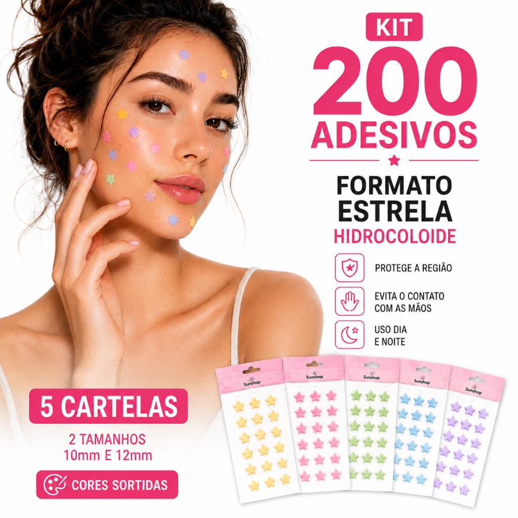 KIT 200 Adesivos Para Espinha Estrela Hidrocoloide Patch Acne Anti Espinha Coloridos SkinCare Facial