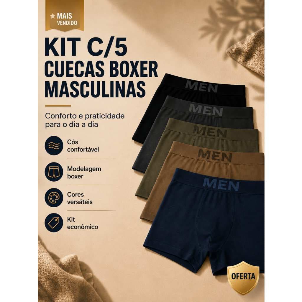 Kit C/5 Cuecas Boxer Adulto Men Microfibra Masculina Reforçada Box Ritmo Confortável Sem Costura De Microfibra