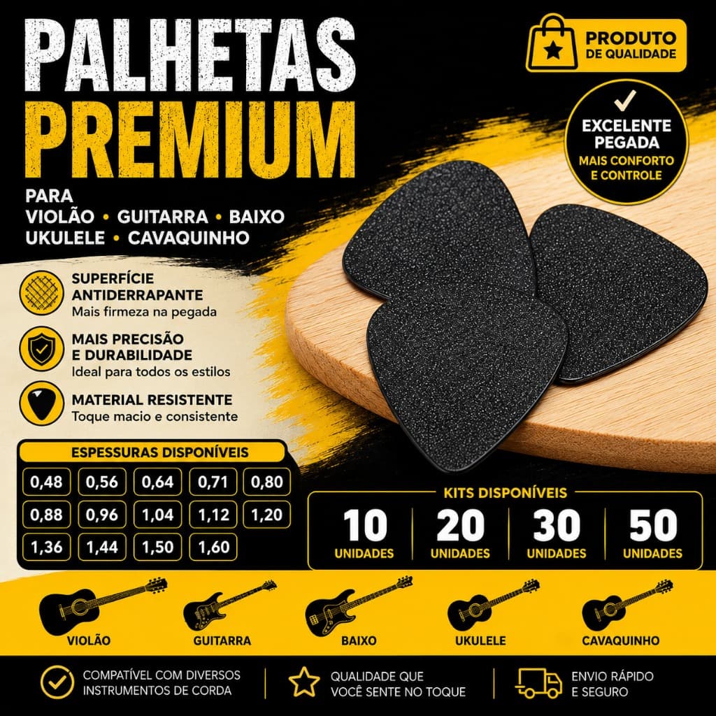 Palhetas Para Violão Guitarra Baixo Cavaquinho Kit Com 10 20 30 ou 50 Unidades