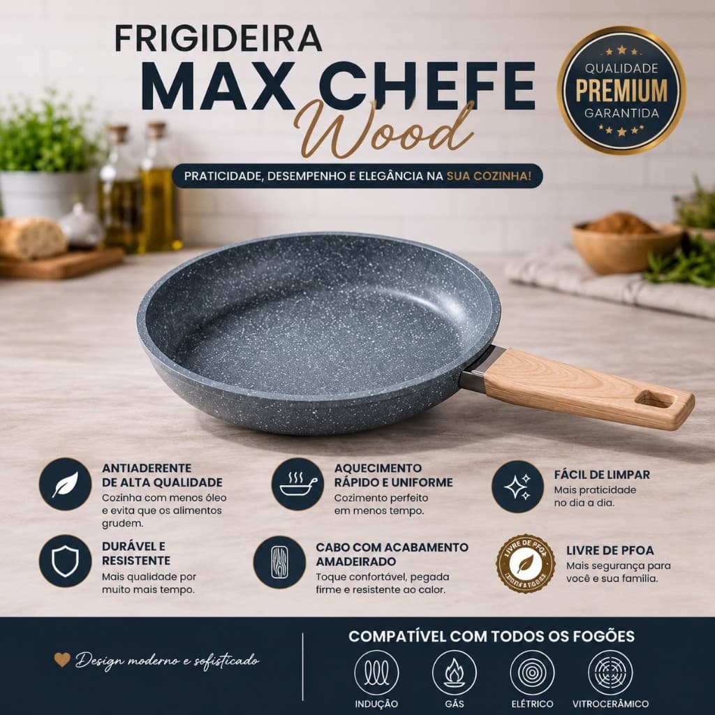 Frigideira antiaderente revestimento cerãmico 22 cm cabo madeira carnes bifes ovos sem grudar