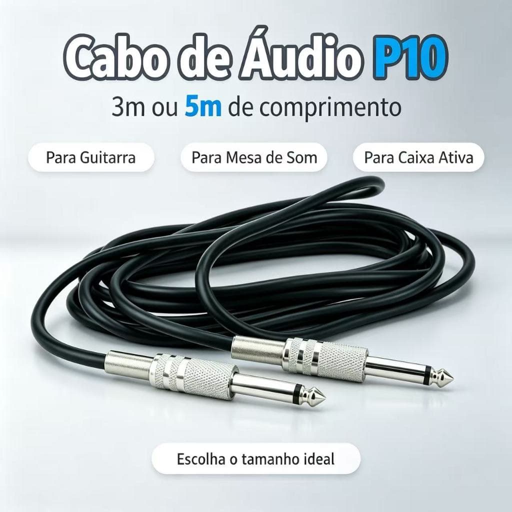Cabo de Áudio P10 Mono 3/5Metros Compatível com Violão, Baixo, Teclado, Bateria Eletrônica, Caixa de Som e Amplificador