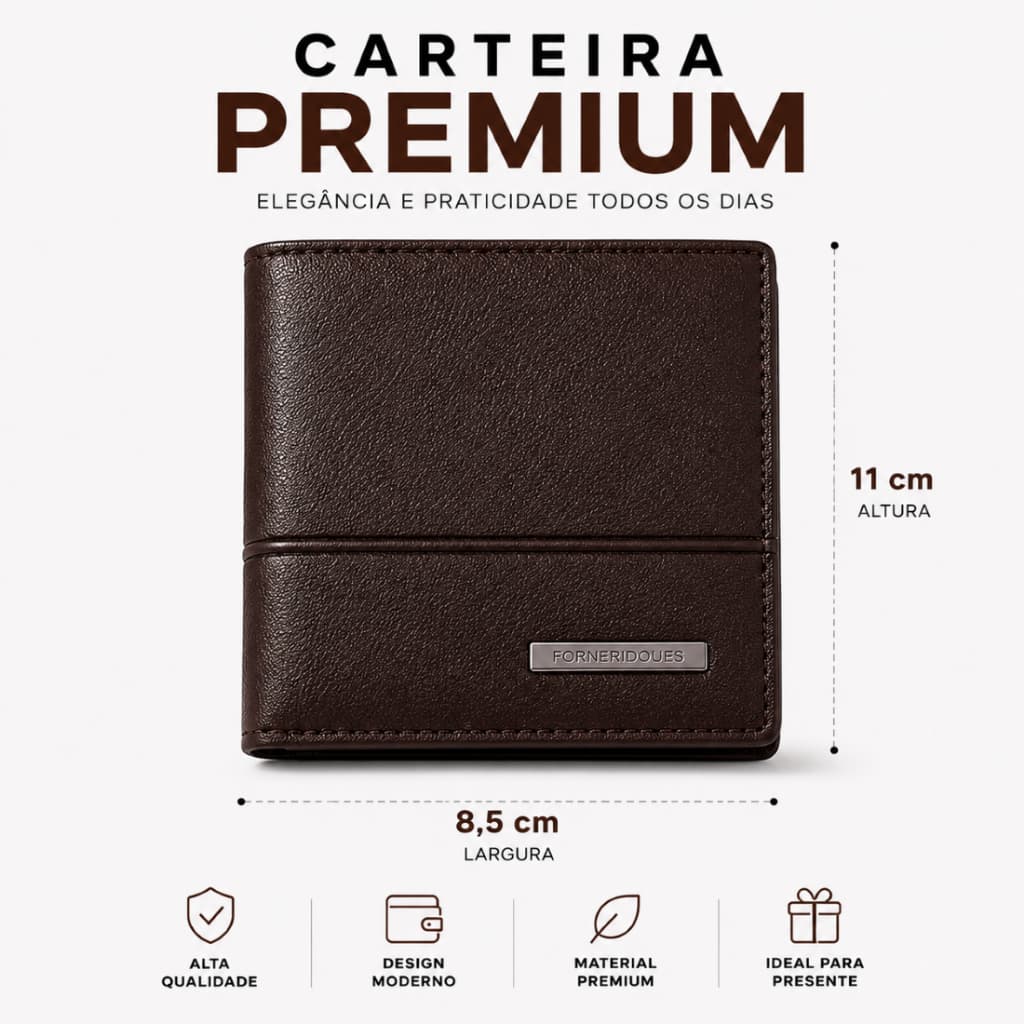 Carteira Masculina Couro Sintético Compacta Porta Cartões Premium Com Ziper Porta Moedas