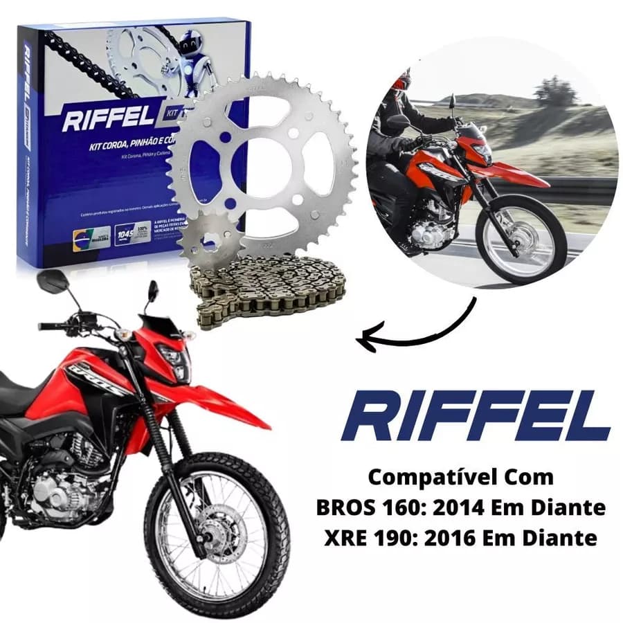 KIT RELAÇÃO TRANSMISSÃO S/ RETENTOR HONDA BROS 160 XRE 190 2015 A 2025 ORIGINAL RIFFEL