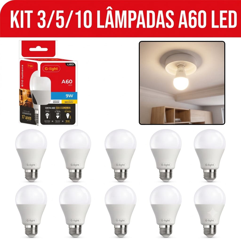 Kit 3/5/10 Lâmpadas Led Ence A60 E27 Autovolt 9w 6500k Branco Frio