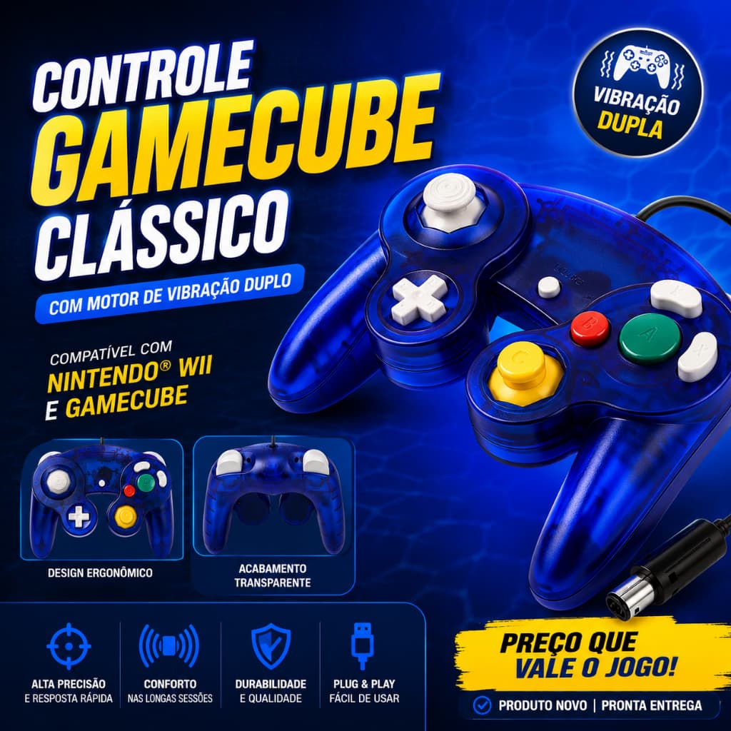 Controle GameCube Clássico c/ motor de vibração duplo (p / Nintendo® Wii™ e GameCube) azul