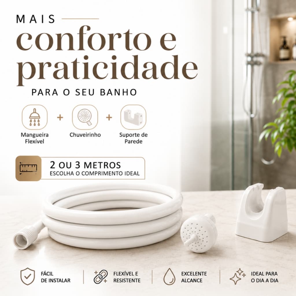 Kit Mangueira para Chuveiro Elétrico 2m 3m com Chuveirinho Duchinha Universal Flexível