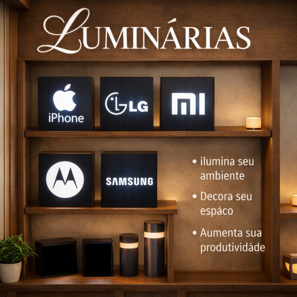 Luminária iPhone, Samsung, LG, Xiaomi, Motorola Luminária de Mesa de LED Fonte inclusa Marcas Dia dos Pais