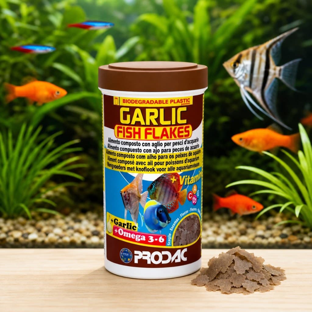 Racao Prodac Garlic Fish Flakes 20g para Peixes