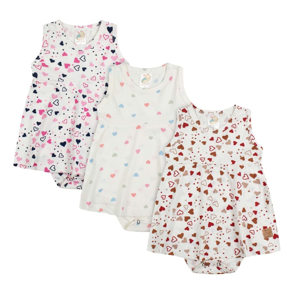 Kit 3 Body Vestido Bebê Menina Regata com Saia Estampado Corações Verão
