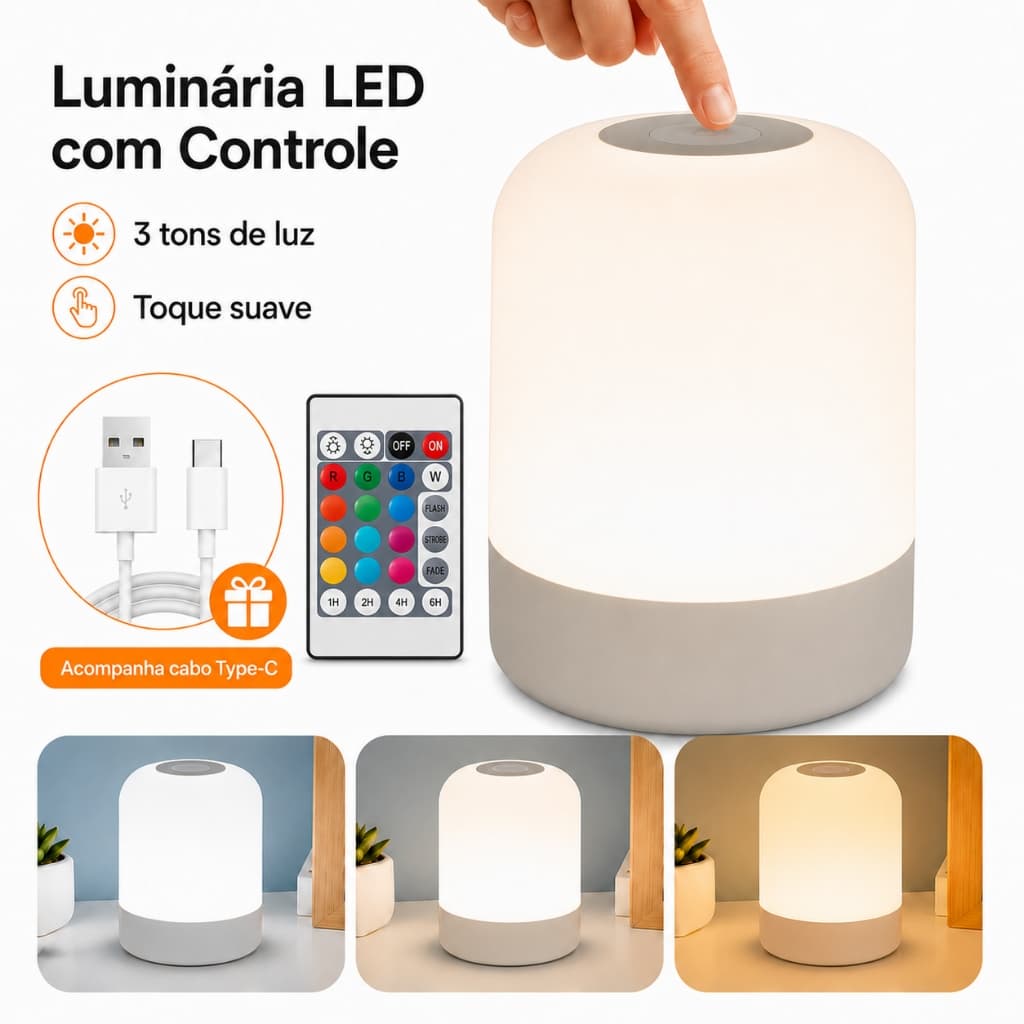 Luminária LED de Mesa com Controle Remoto Toque 3 Tons de Luz Recarregável Luz Noturna