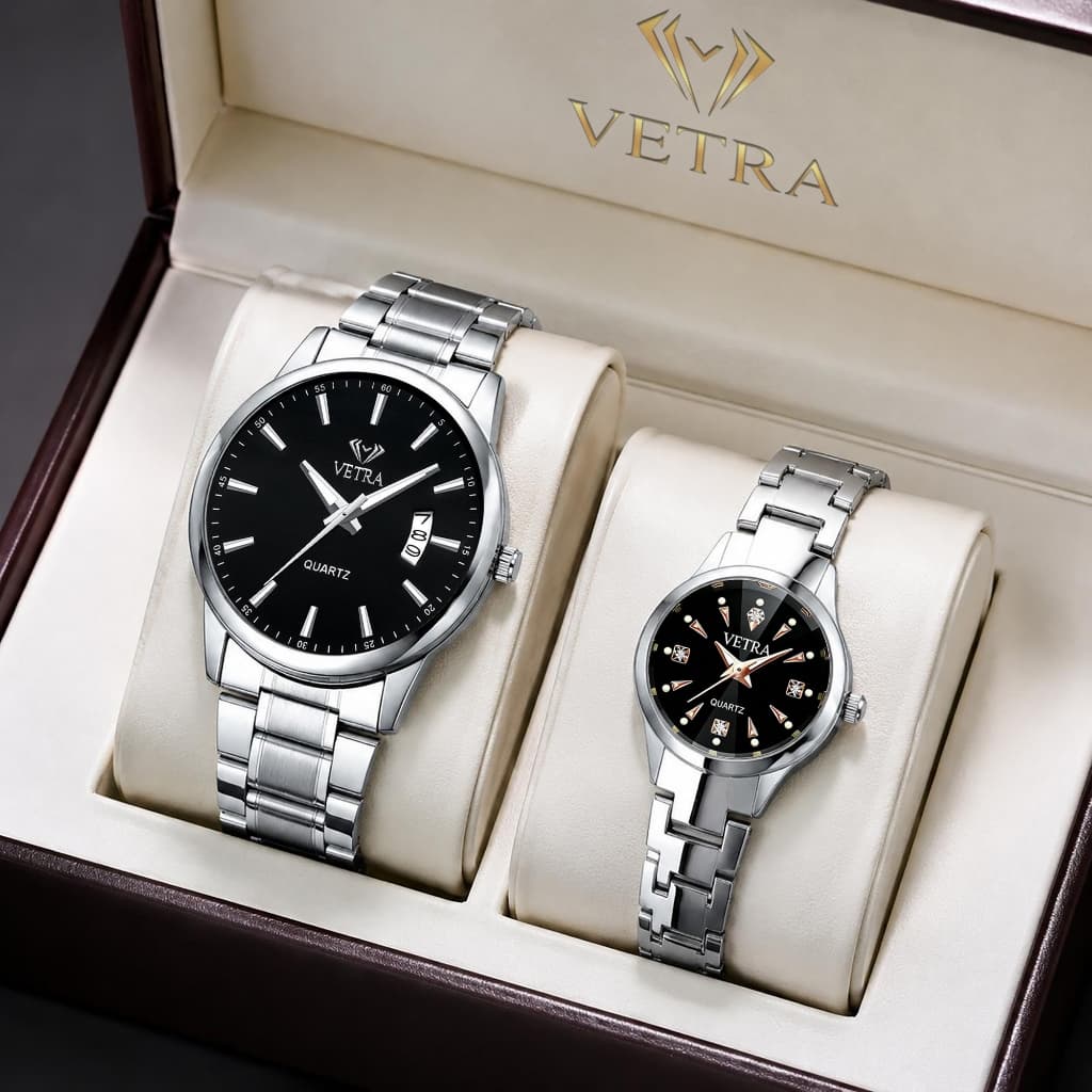 VETRA Kit Relógio Casal Masculino e Feminino Original Luxo a Prova d Água Presente Aço Inoxidável Preto Prata 6115/S541