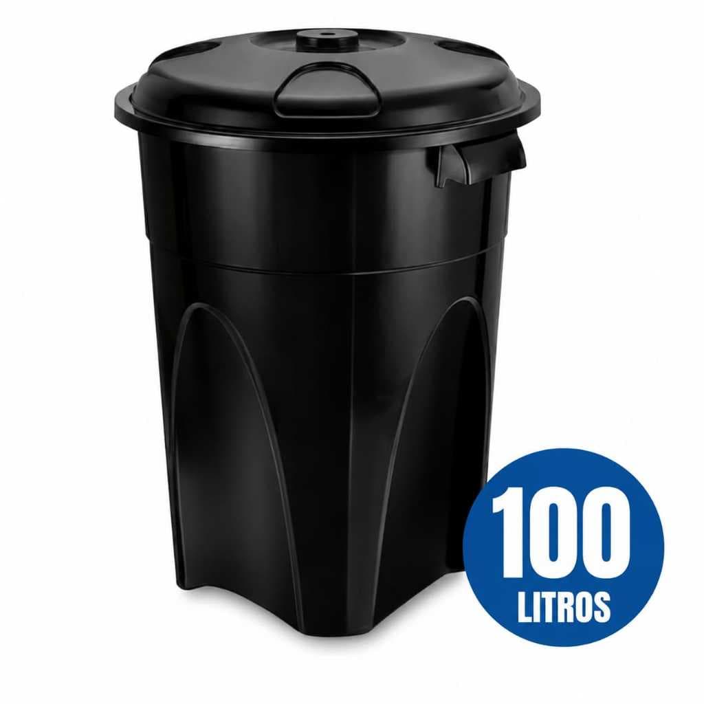 Cesto de Lixo Lixeira 100 Litros Preta com Tampa Cozinha Injeplastec - Ref.: 0238