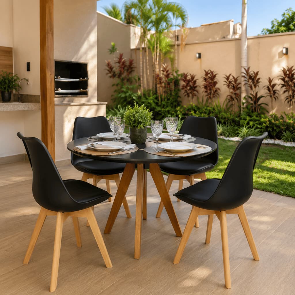 Kit 4 Cadeiras Charles Eames Leda Bitlar Base Madeira Couro PU Design Moderno