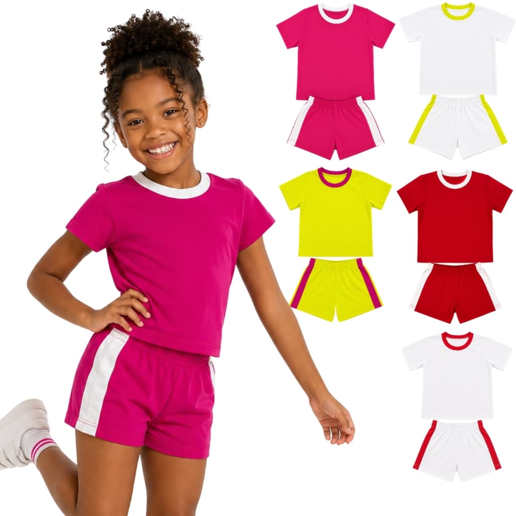 Conjunto Infantil Verão Menina - Blusa e Short Liso com Elástico - 02 ao 08 anos 100% algodão