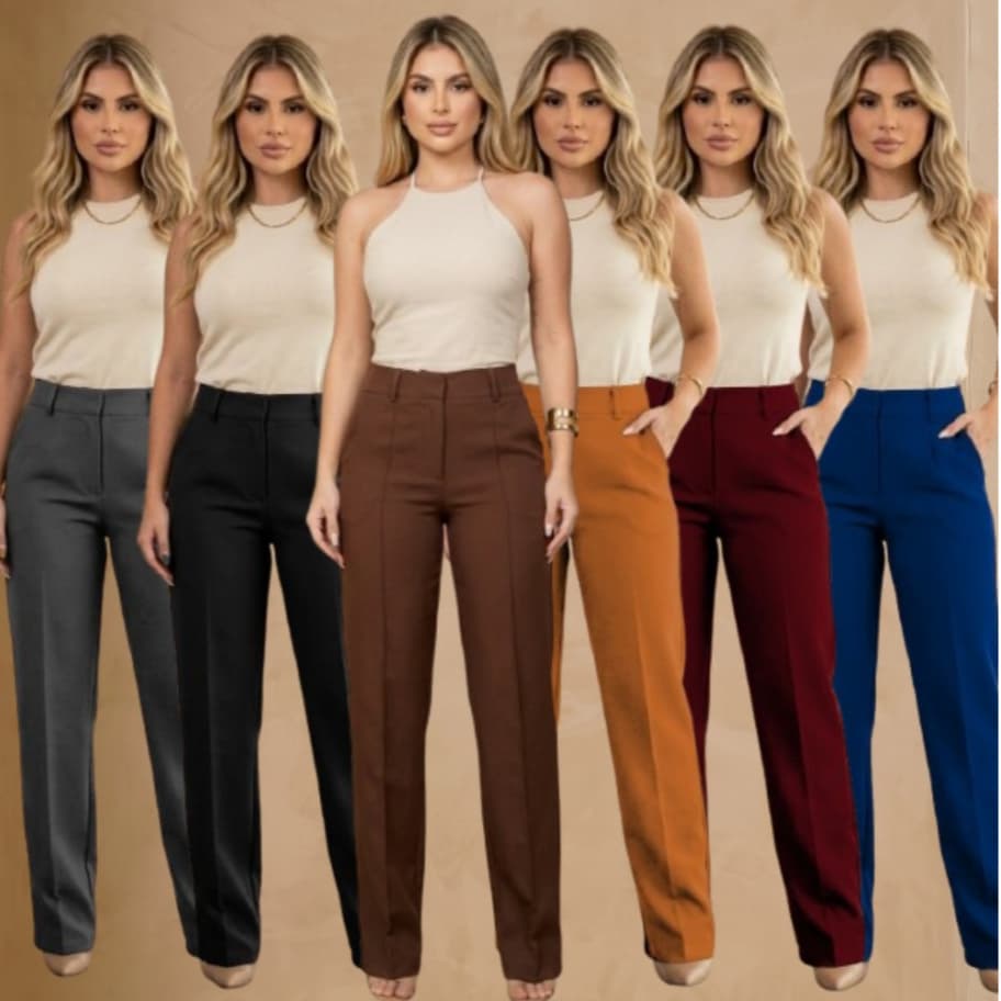 Calça Elegante em Alfaiataria Social Feminina  Corte Reto  Cintura Alta com Bolso e Ziper