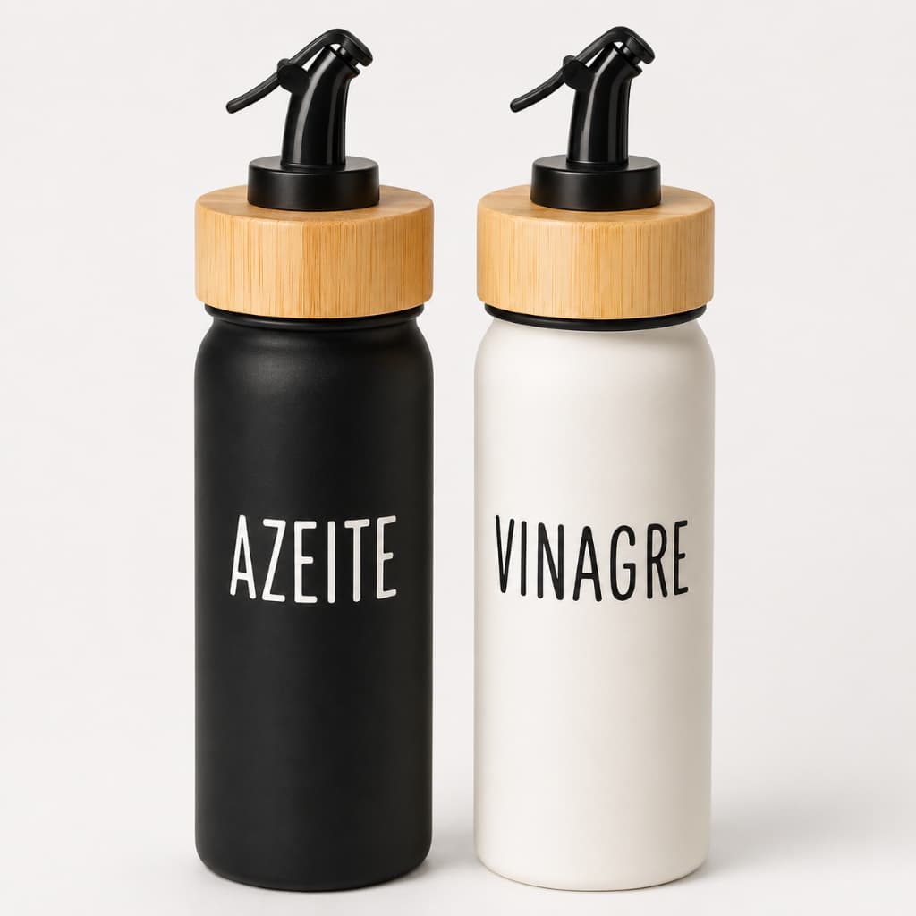 Kit Galheteiro Doha Porta Azeite Vinagre Vidro Tampa Em Bambu 220ml
