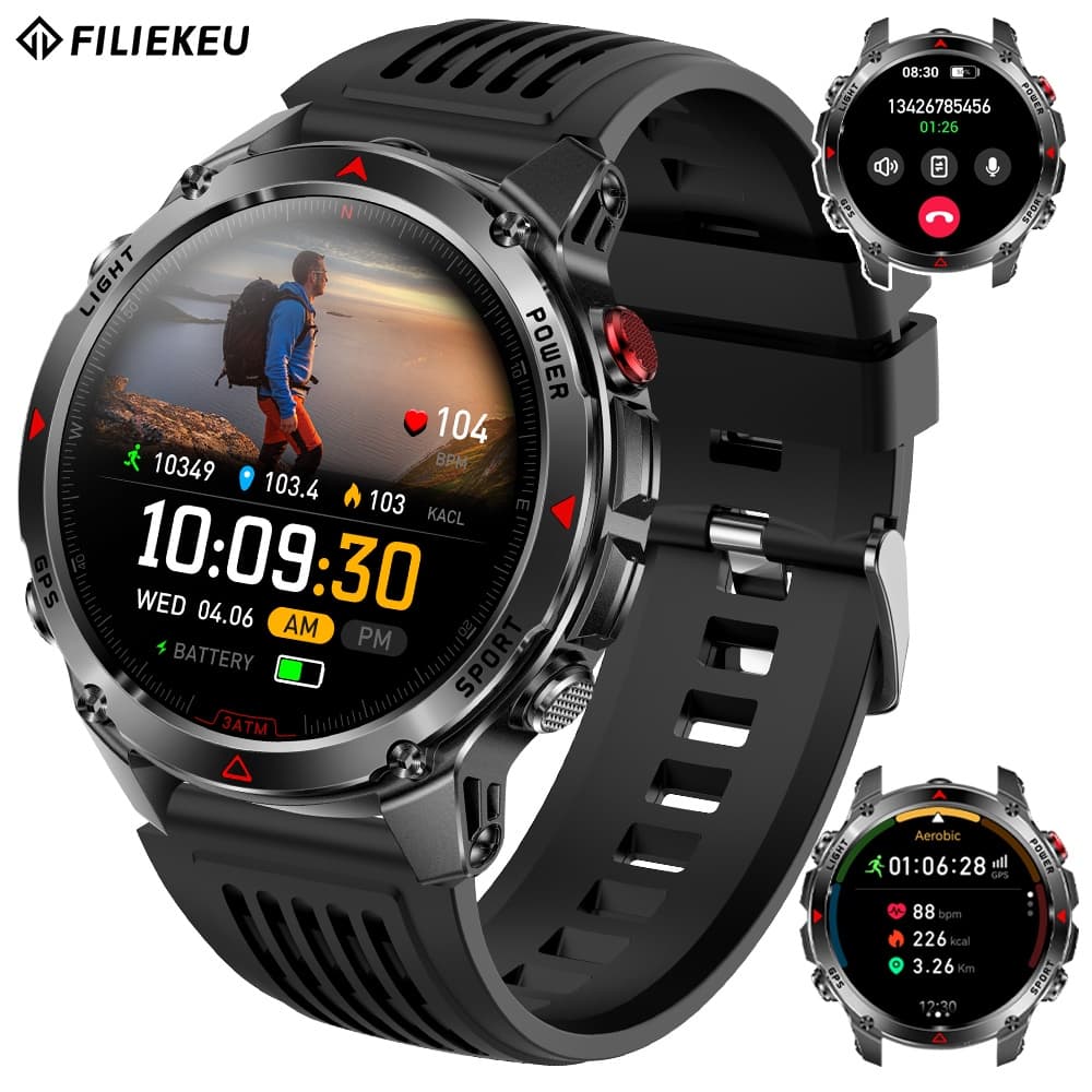FILIEKEU smartwatch relogio GPS bússola lanterna LED Chamadas Bluetooth relógio smartwatch masculino
