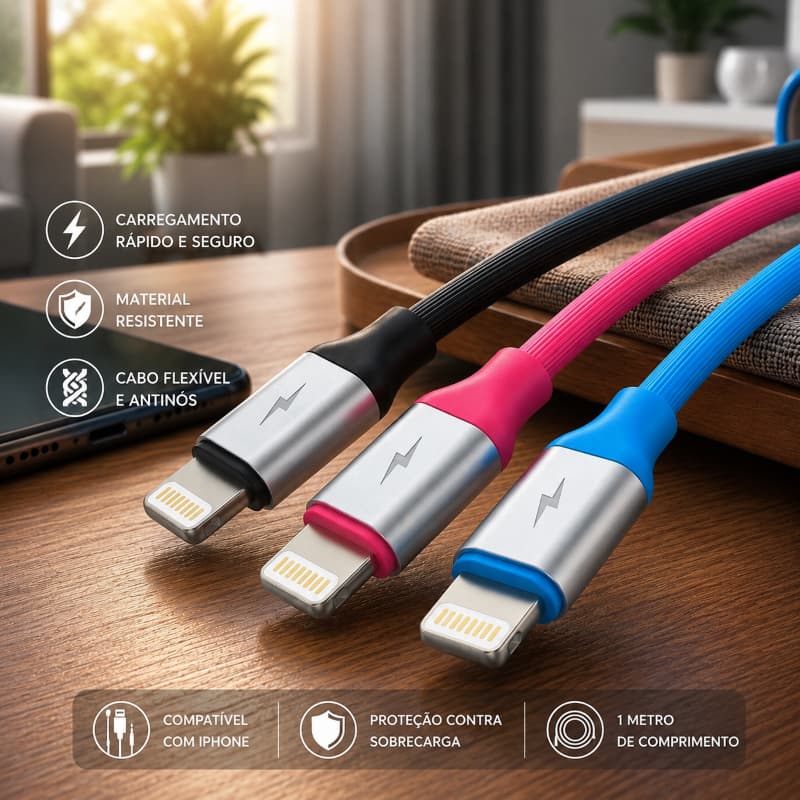 Cabo Colorido Lightning USB iPhone 1M Reforçado 3.1A Carregamento Rápido iPhone 6 7 8 X 11 12 13 14