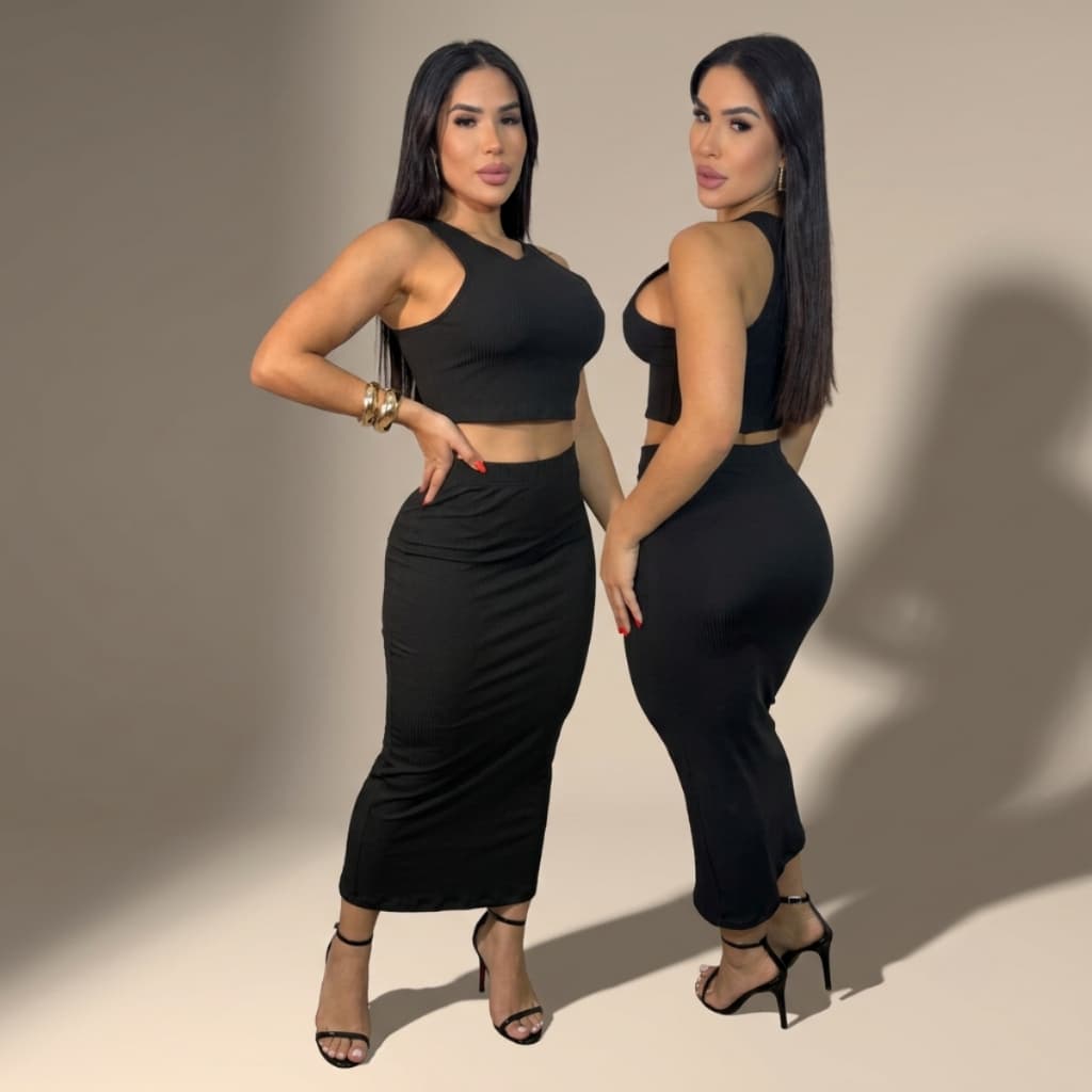 Conjunto Feminino Cropped e Saia Longa Tubinho Canelada Ribana Ajuste ao Corpo Envio Rápido