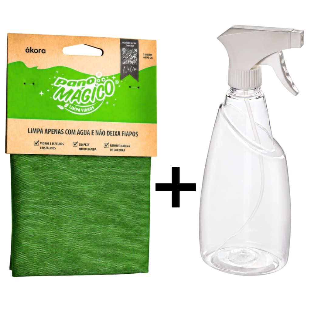 Kit Pano Mágico Limpa Vidros Ákora 40x40cm Microfibra + Borrifador Plasútil 580ml