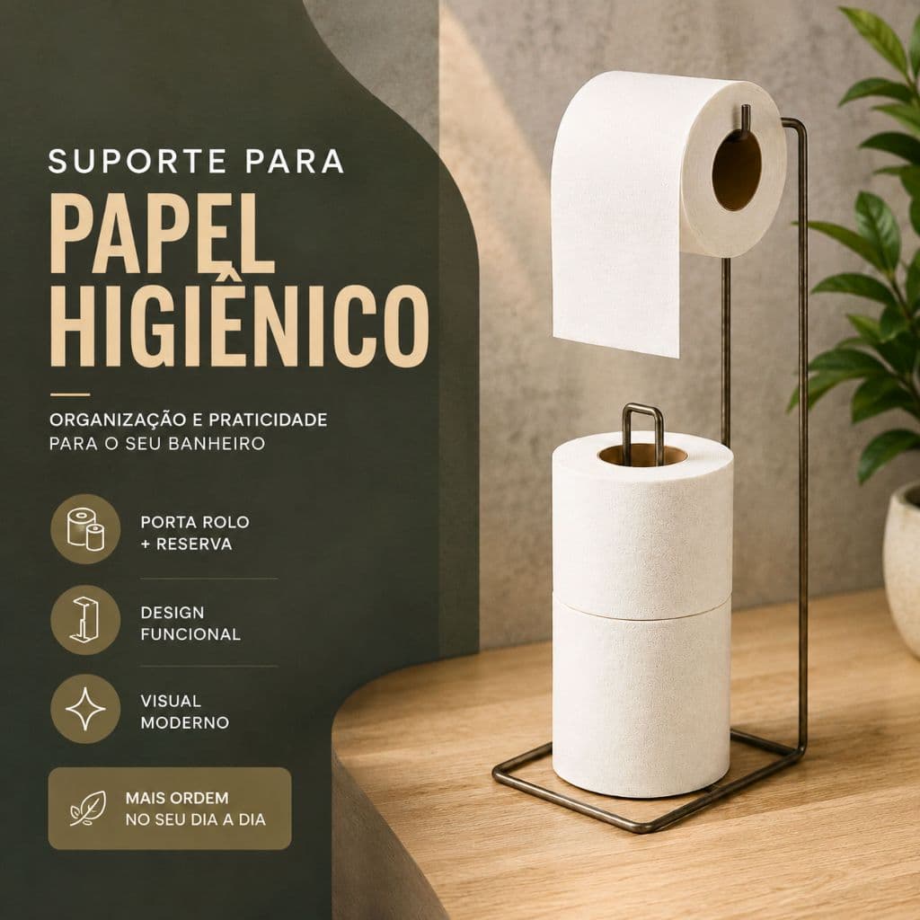 Suporte Papel Higiênico de Chão 3 Rolos Porta Papel Banheiro Aramado Metalizado e Preto