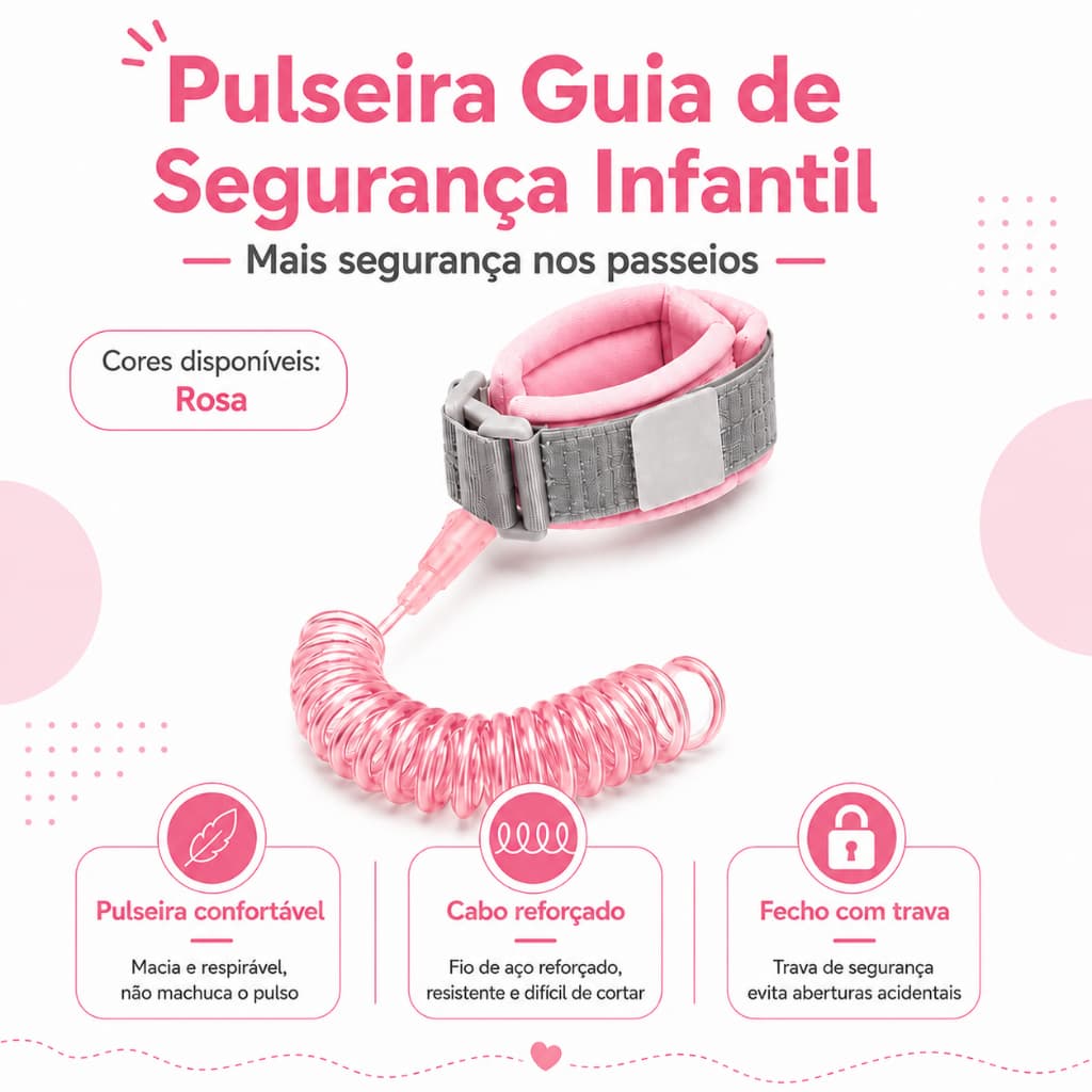 Pulseira Guia Infantil Rosa com Trava e Cabo de 1,5 m