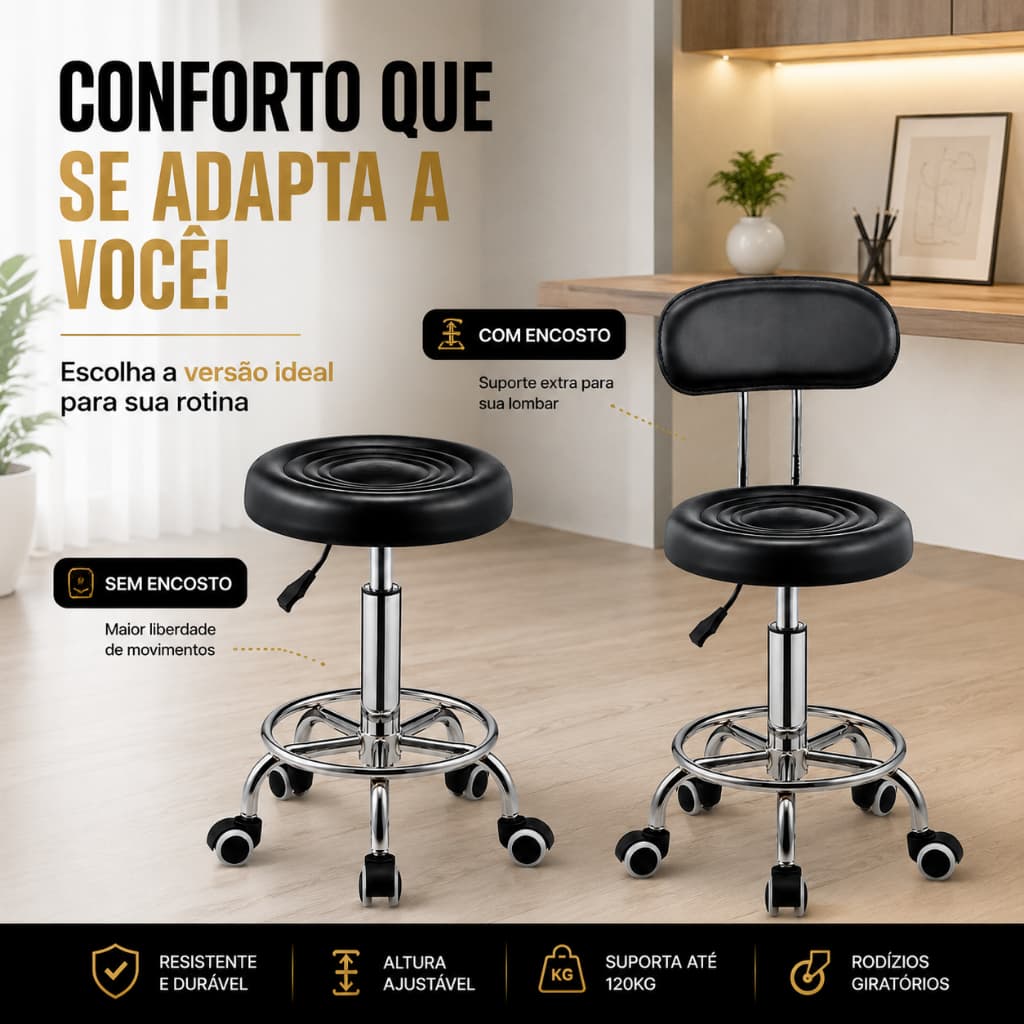 Cadeira Mocho Banqueta Preta Cromada com ou sem Encosto salão manicure spar estudio