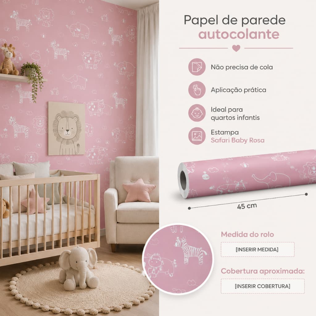 Papel de Parede Adesivo Safari Rosa Menina para Quarto Sala Autocolante facil de aplicar