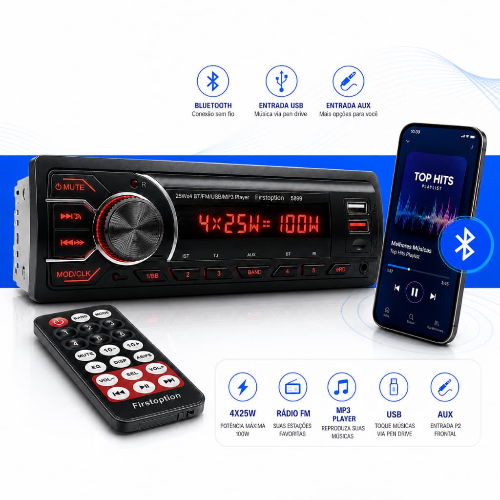 Rádio som para carro Automotivo Bluetooth 5.0 USB AUX MP3 FM Pen Drive 1 Din 12V 4x25W First Option