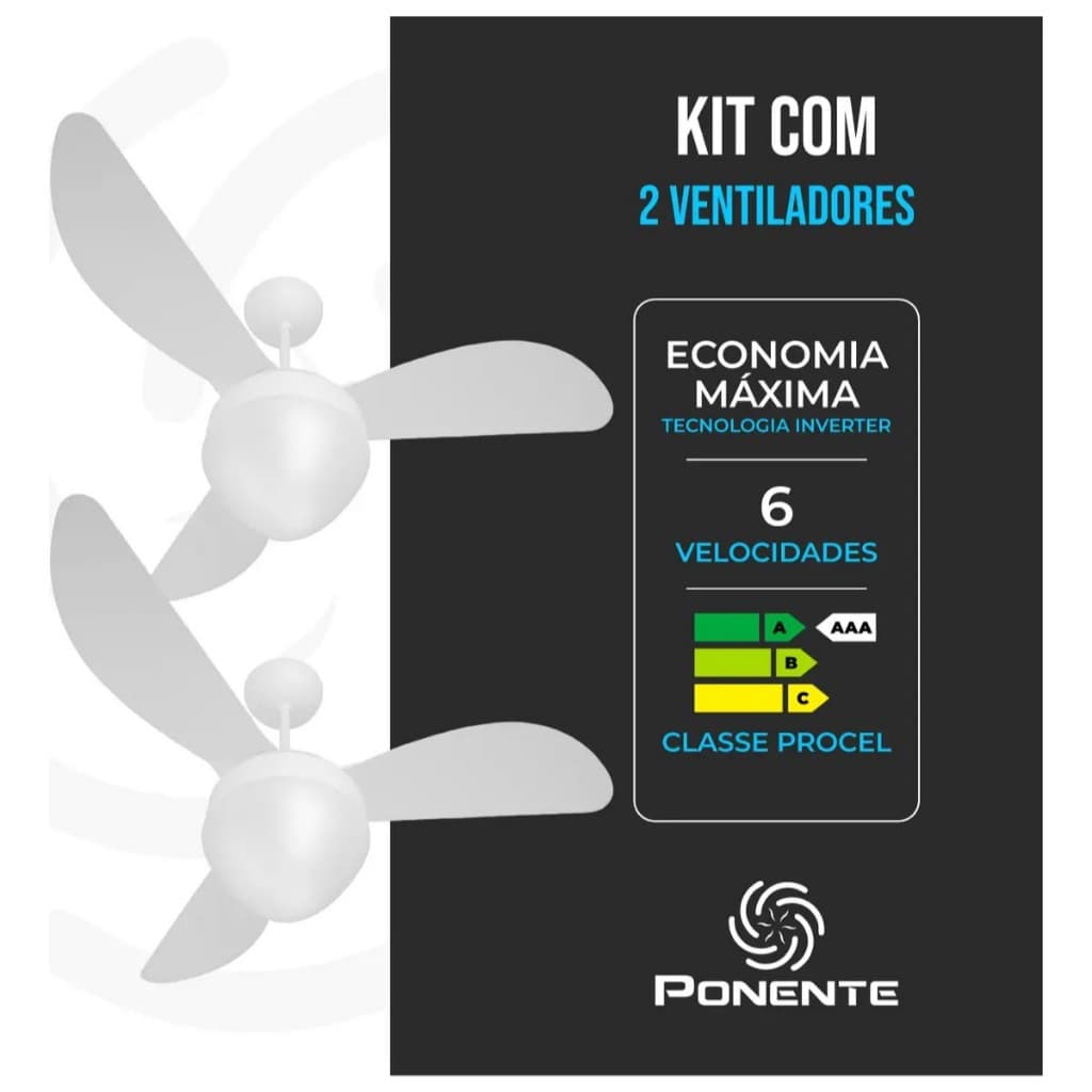 Kit com 2 Ventiladores de Teto Ponente Gale Bivolt Controle Remoto Motor Inverter Classe A