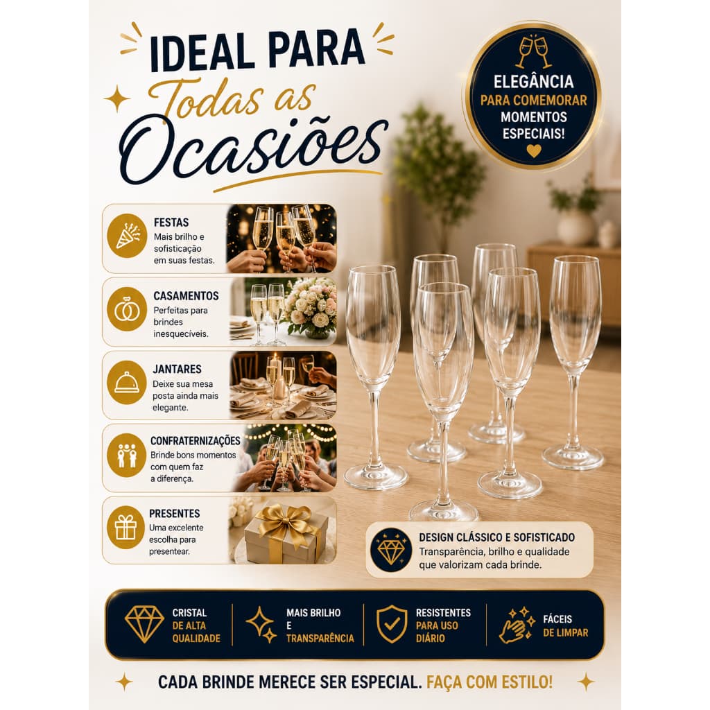 Jogo 6 Taças Cristal Transparente Sidera 220ml Design Elegante Vidro Resistente