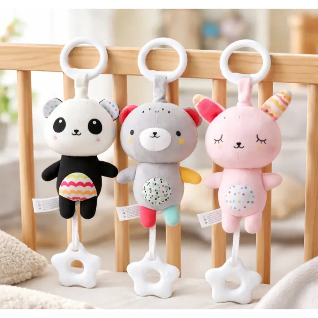 Móbile Pelúcia Musical Bebê com Mordedor Argola para Pendurar Berço Carrinho Bebê Conforto Sensorial