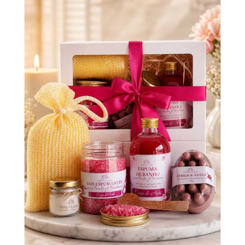 KIT SPA - Espuma de Banho 250ml + Sais Espumantes 200gr + Sabonete Massageador+ Esponja + Vela aromática