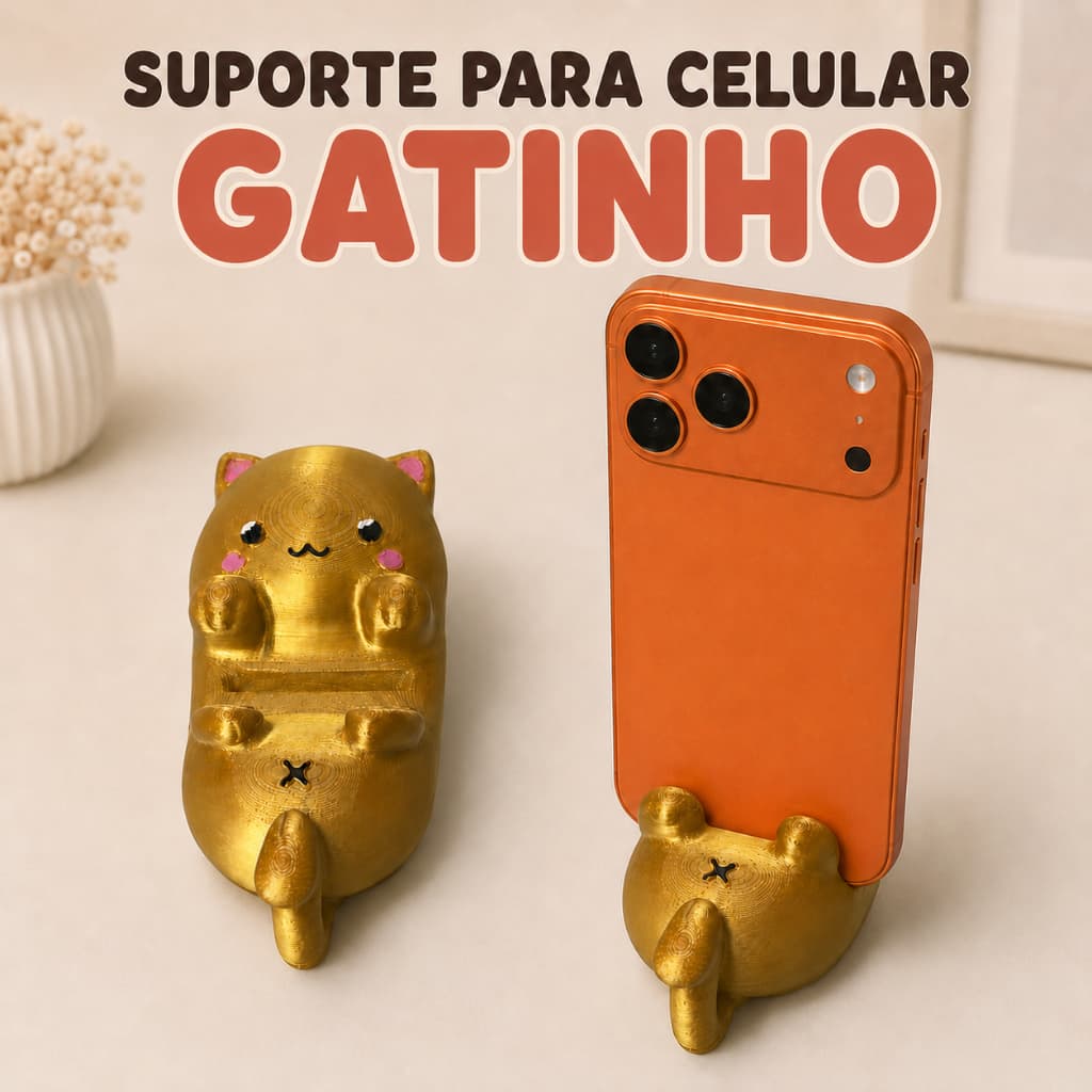 Suporte para Celular Gatinho Fofo | Porta Celular de Mesa Kawaii | Presente para Gateiros