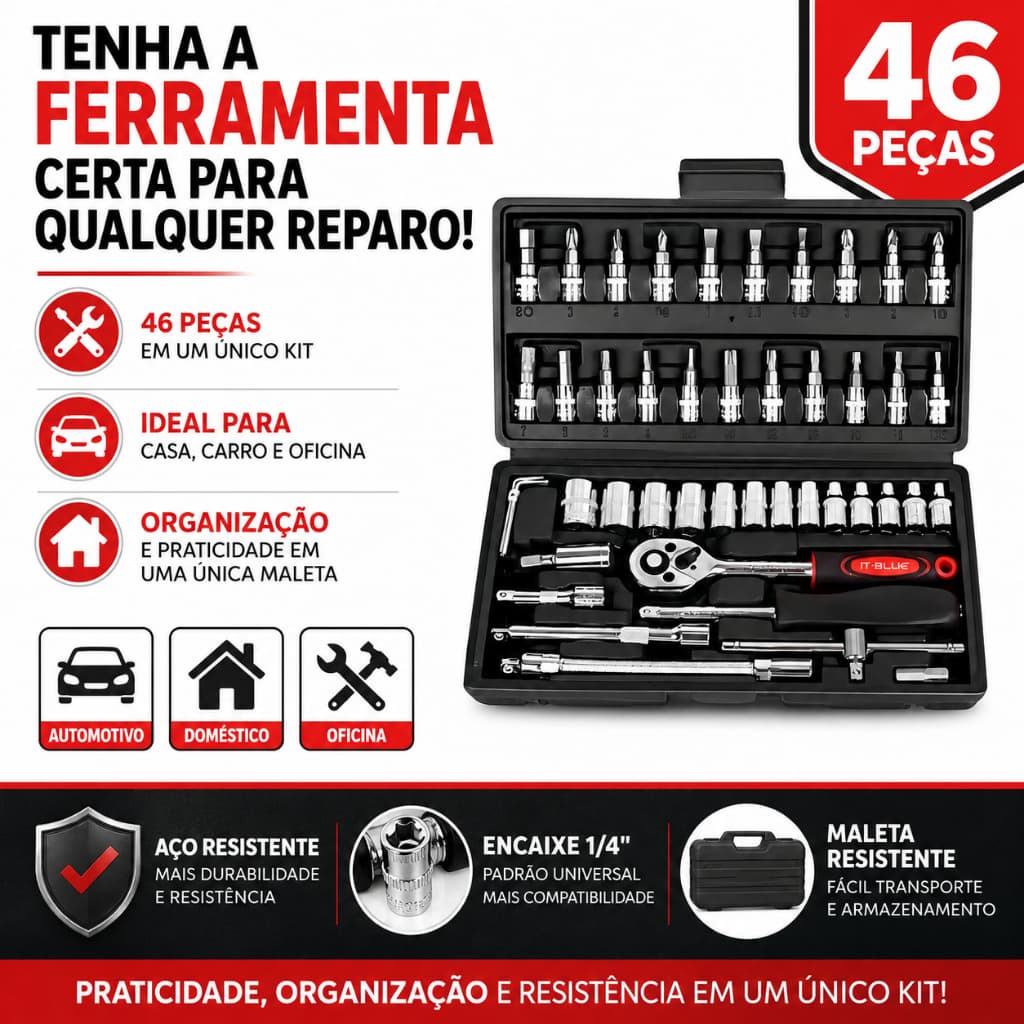 Jogo de Ferramentas 46 Peças com Soquetes 1/4 Aço Catraca Maleta Kit Automotivo e Doméstico
