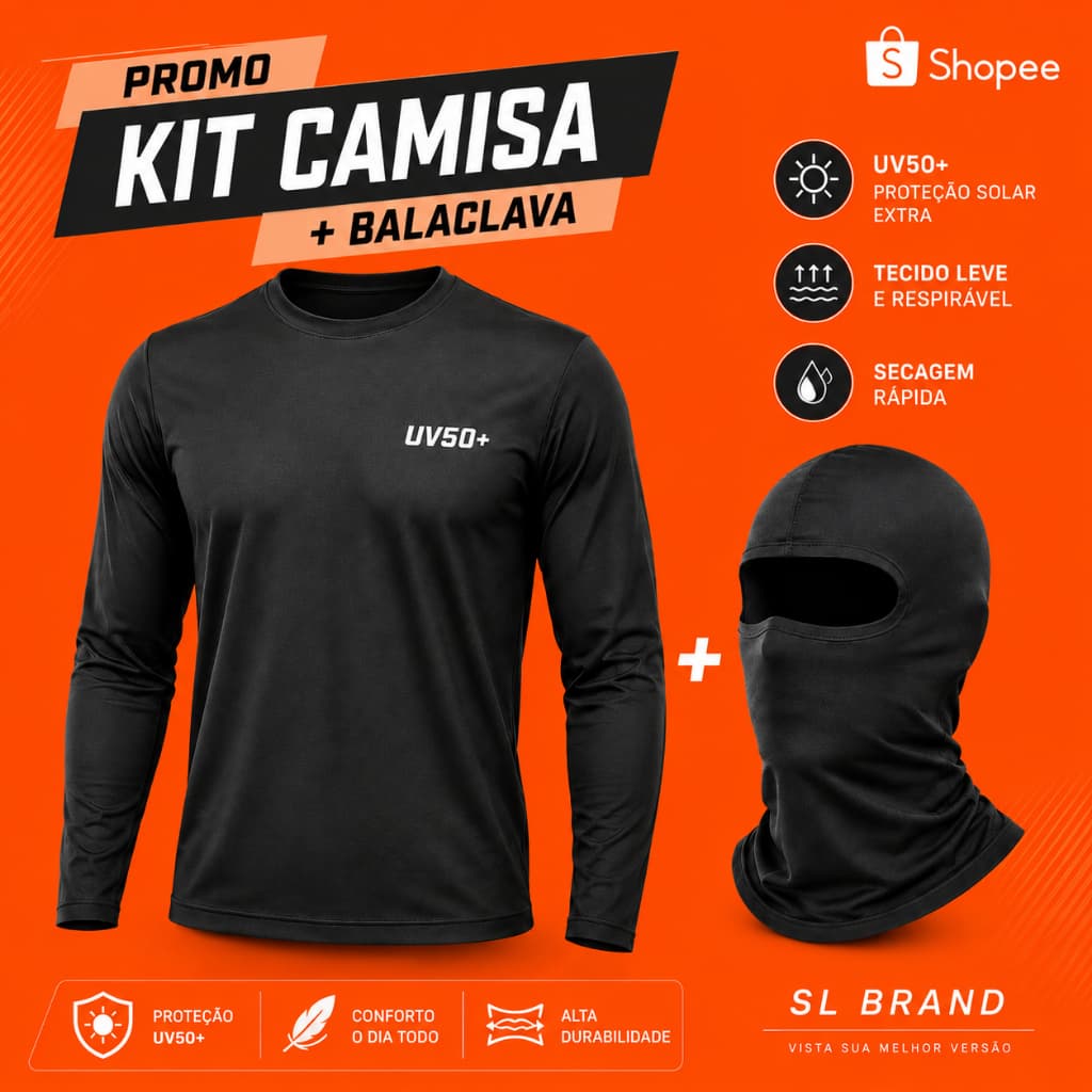 Kit Promo Touca Ninja Balaclava + Camisa Manga Longa Dry Fit Proteção Solar UV 50+ Premium