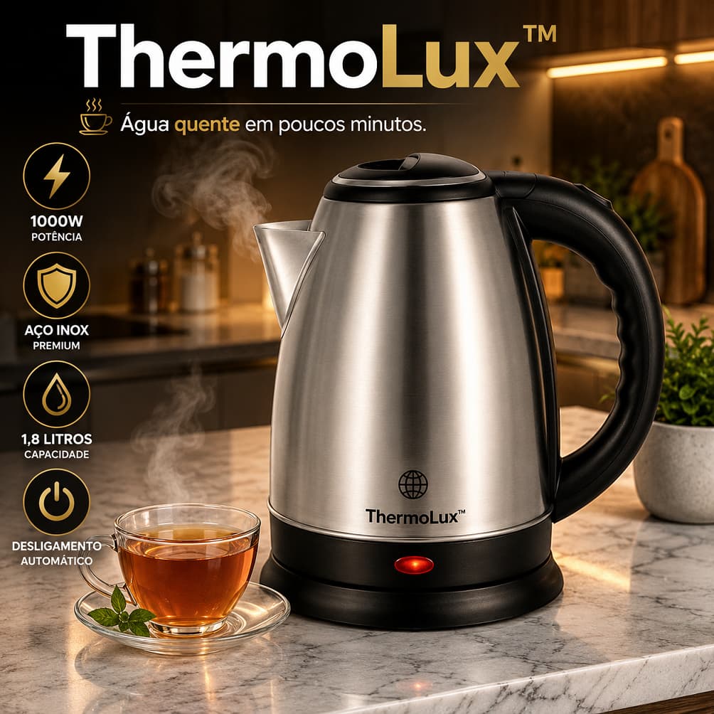 Chaleira Elétrica Inox 1,8 Litros 1000W Desligamento Automático Base 360° ThermoLux™