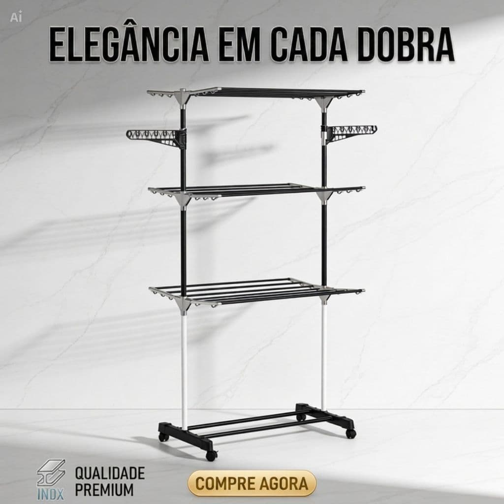 Varal de Chão para Apartamento 3 Andares com Rodinhas Multiuso Suporte Para Cabides Organizador
