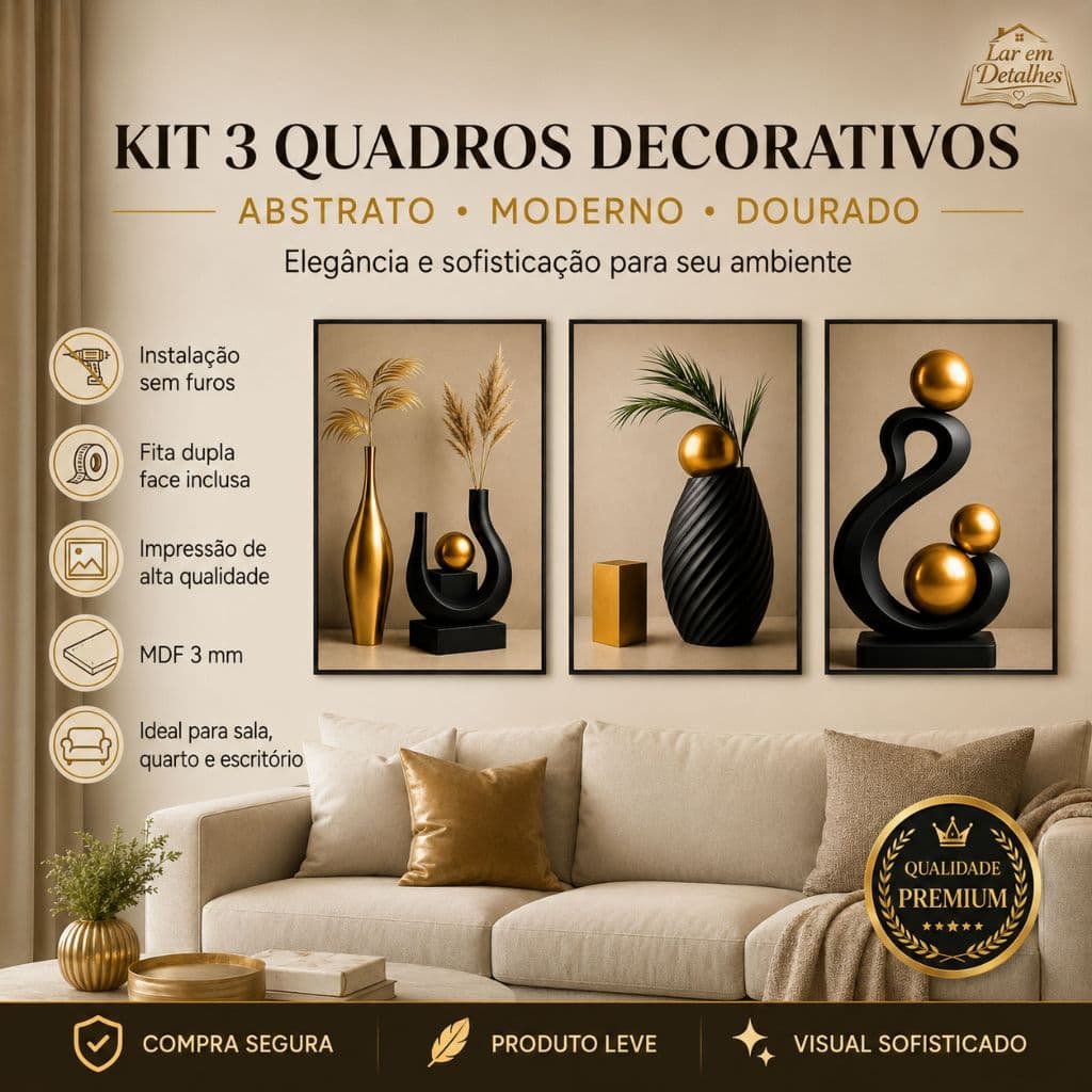 Kit 3 Quadros Decorativos Abstratos Esculturas Douradas Preto MDF Sala Moderna Sem Moldura