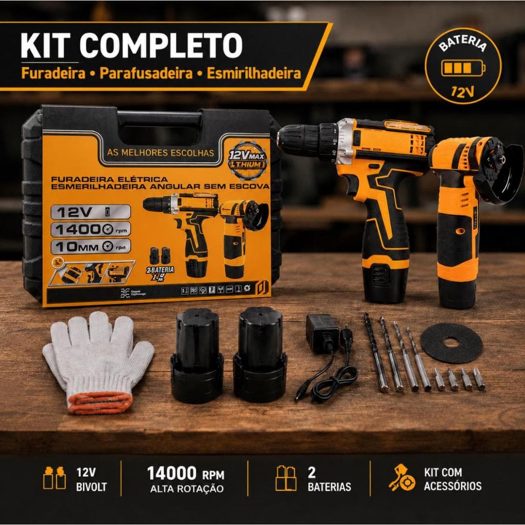Kit Furadeira Parafusadeira Com Esmirilhadeira Elétrica Sem Fio Bivolt Com Maleta Profissional 2 Baterias Portátil
