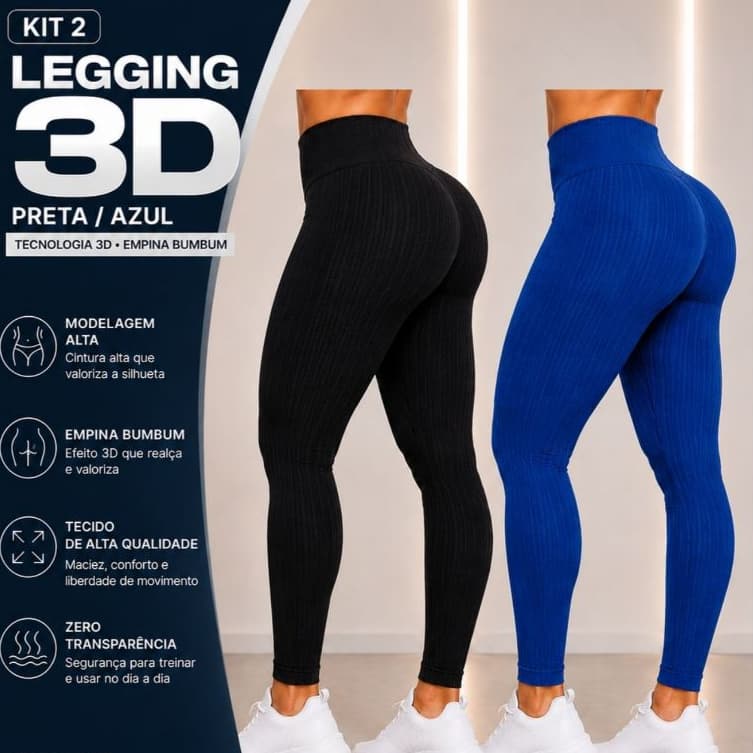 Kit 2 Legging Suplex 3D Feminina Cintura Alta Empina Bumbum Academia